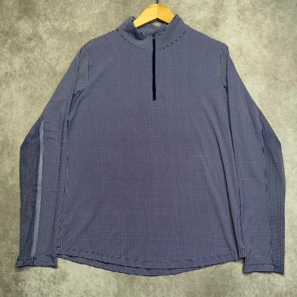 IBKUL Woman's Large Mini Checker Quarter Zip Sun Shirt Blue White UPF 50+